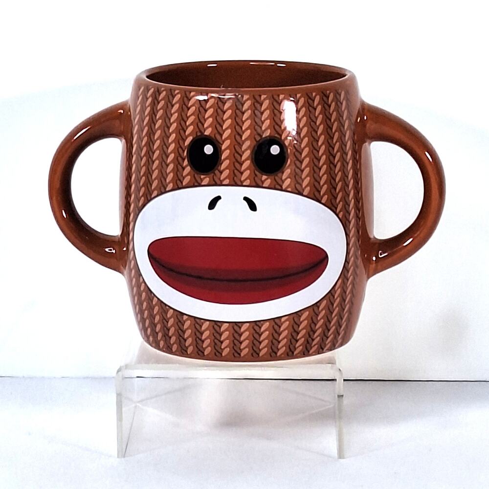 Galerie Sock Monkey Ceramic Mug Double Handle Brown Knit Pattern Cozy Fun